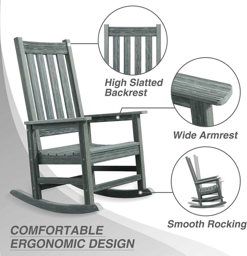 Oversized Outdoor Rocking Chair, Porch Rocker with High Back, Grey | HDPE Patio Rocking Chairs, Weather Resistant & 350lbs Heavy Duty Porch Rocker with High Back for Backyard,Garden and Balcony
