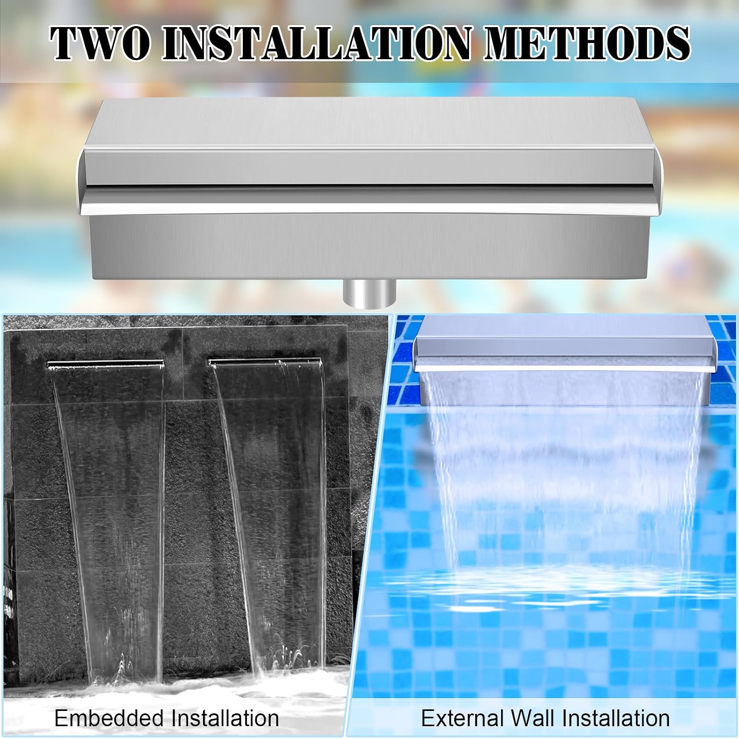 Waterfall Pool Fountain 304 Stainless Steel 11.8" Rectangular Waterfall Spillway for Pools, Fountains,Pond and Spa's