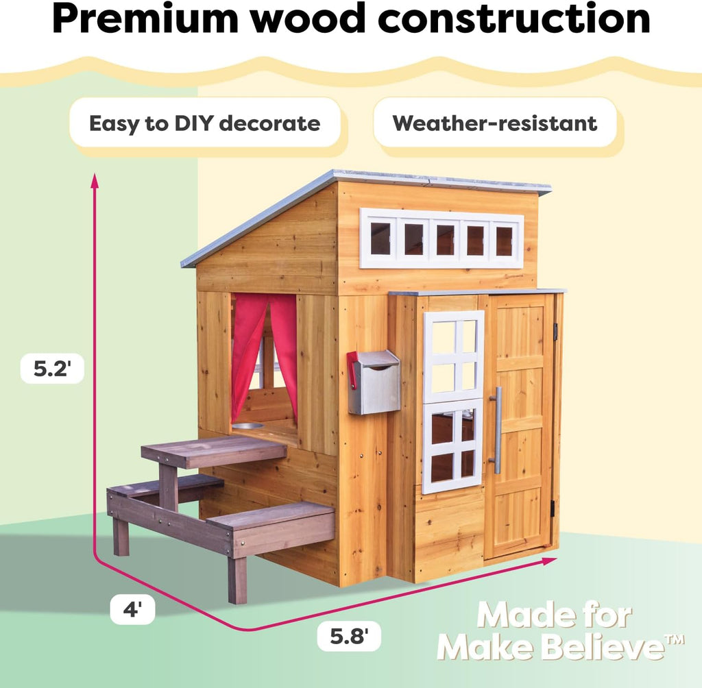 kidkraft modern outdoor wooden playhouse with picnic table, package contents