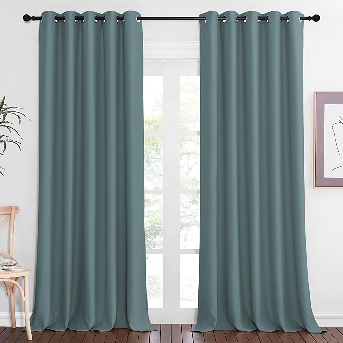 NICETOWN Patio Blackout Curtain Panels - Extra Wide Sliding Door Thermal Insulated Drape, Privacy Room Divider Curtain for Bedroom Office (Greyish Blue, 66 x 118 Inch Long)