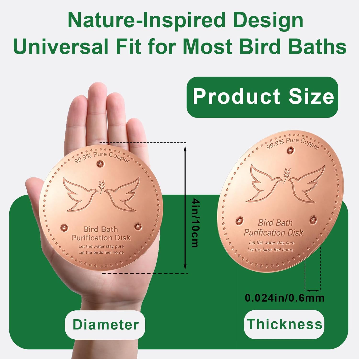 2 Pack Bird Bath Copper Disk, 0.6mm Thick 99.9% Pure Copper Cleaning Disc Plate for Physical Safe Water Purification All-Season for Outdoor Wildlife Bird Bowls Birdbaths Solar