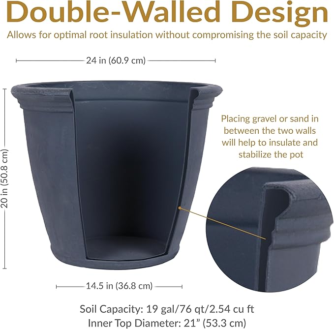 Sunnydaze 24-Inch Anjelica Large Plastic Pot for Plants - Outdoor Double-Walled Large Plastic Planter with Drillable Drainage Holes - Slate - 4pk