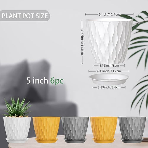 5 Inch Planter Pots, 6 Pack Indoor Planters, Small Flower Pots with Drainage Holes and Tray for Succulents, Orchids, Herbs and Other Indoor Plants (Orange+Grey+White, 5inch)