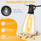 Brightever LED Outdoor String Lights 50FT Patio Lights with 27 Shatterproof ST38 Vintage Edison Bulbs, Outside Hanging Light Waterproof for Porch, Deck, Garden, Backyard, Balcony, 2200K Dimmable