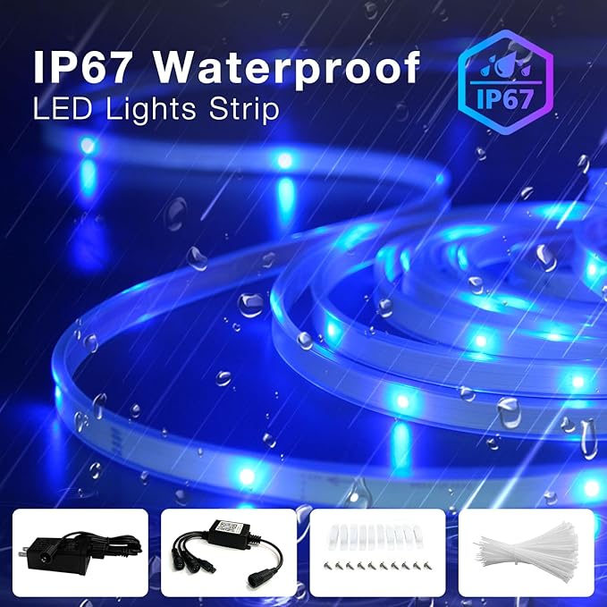 Outdoor LED Strip Lights Waterproof 200ft, IP67 Waterproof LED Light Strips with Remote, Music Sync APP Control, RGB Color Changing LED Lights for Roof, Balcony, Deck, Pool, Patio, Outdoor Decorations