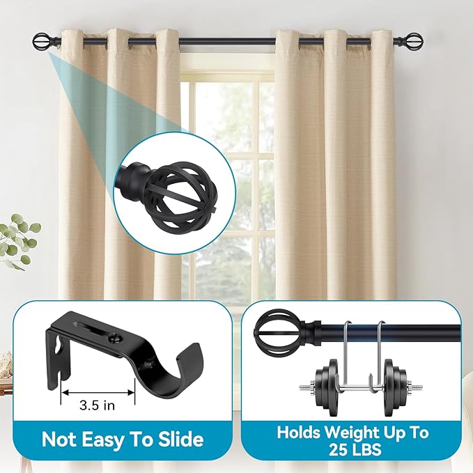 Curtain Rods for Windows 48 to 84,5/8 Inch Black Heavy Duty Metal Curtain Rods Set - Rustic Decorative Drapery Rods with Brackets for Farmhouse, Bedroom