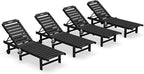 SERWALL Patio Chaise Lounge Chair Set of 4, HDPE Outdoor Lounge Chair with Cup Holder, 5 Positions Adjustable Poly Lounger with Rolling Wheels for Poolside, Deck, Sunbathing, Black