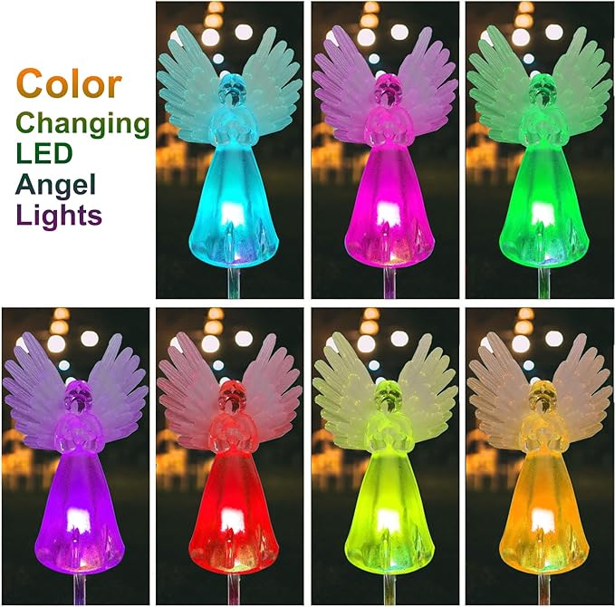4 Pack Solar Angel Lights Outdoor Decor, Decorative Color Changing Waterproof LED Angel Stake Lights for Cemetery Grave Garden Patio Yard Art Lawn Decoration, Grave Markers, Memorial Gifts
