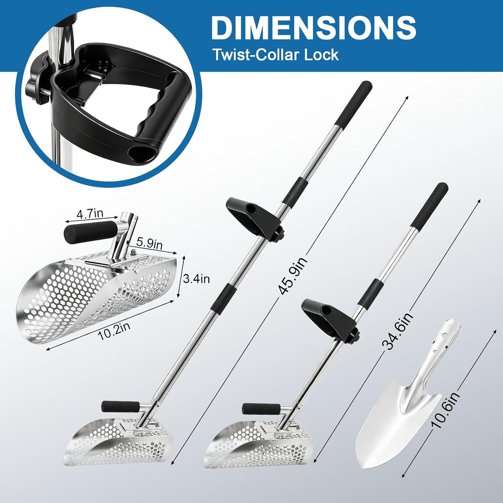 long handle sand scoop, stainless steel shovel scoop showing dimensions