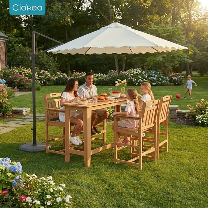 Ciokea Outdoor Bar Height Table Set of 5, 60" Extra Long Rectangle High Top Table and 4 Oversized Adirondack Chairs Set, Heavy-Duty All-Weather HDPE Patio Bar Set for Backyard Balcony Deck, Teak
