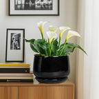 G EPGardening Ceramic Plant Pots - 9 Inch Round Planter, Ceramic Pots for Plants with Drainage and Tray, Flower Indoor Outdoor Planter, Modern Desk Decor, Plant Lover Gifts, Black