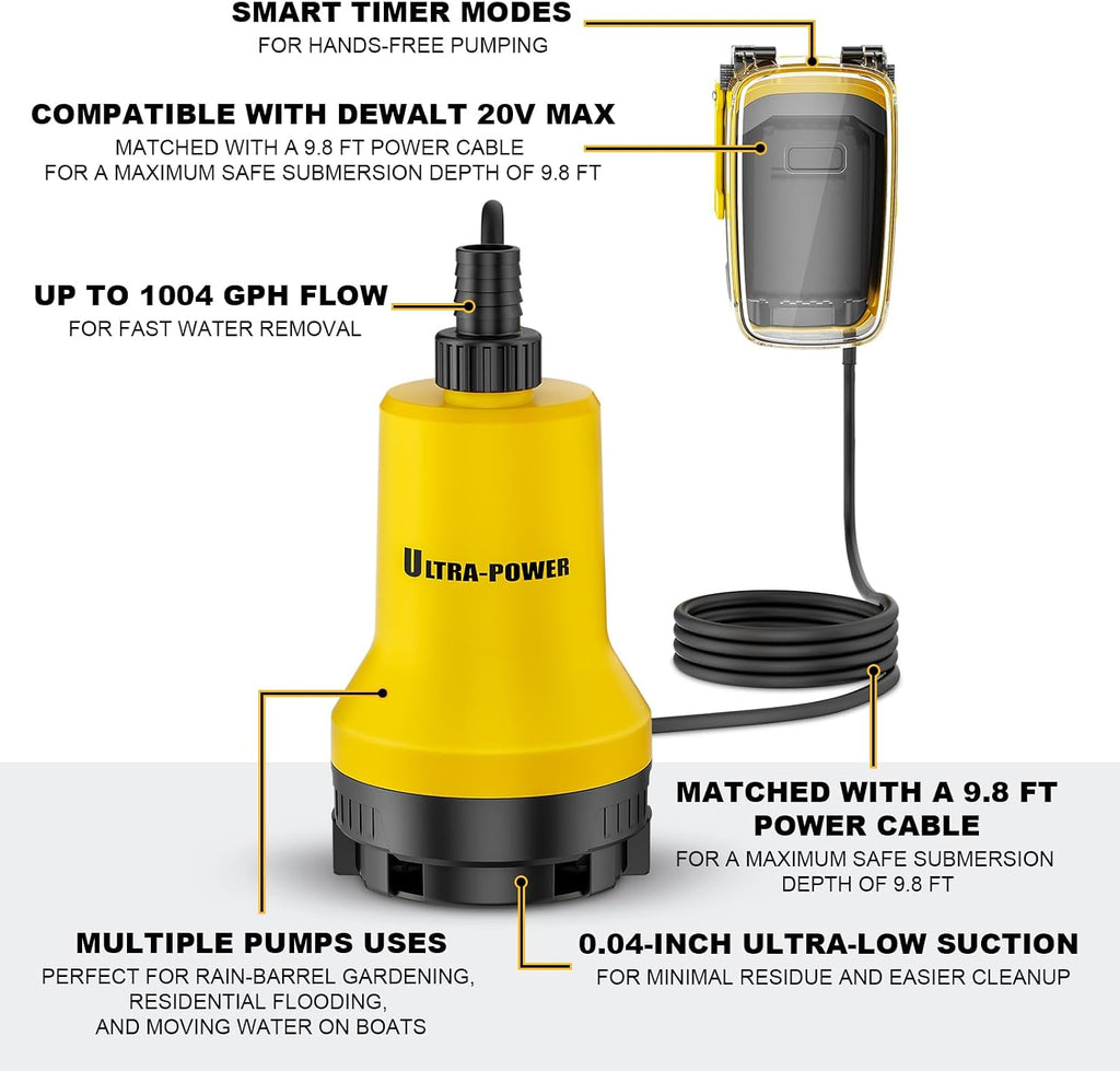 Cordless Submersible Water Pump for DeWALT 20V MAX (Bare Tool) | 17 GPM High Flow Sump Motor; Rapid Drainage Suited To Flooded Pool, Hot Tub, Spa, Basement And Garden Utility Operations
