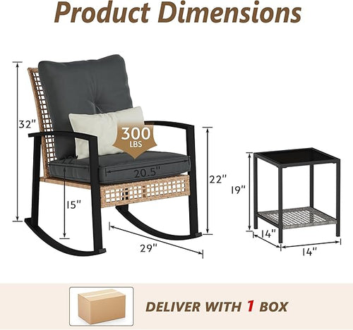 3 Piece Patio Rocking Chairs Set of 2, Outdoor Rocking Chair Bistro Set with Tempered Glass Coffee Table and Thick Lumbar Pillow Set, Front Porch Chairs for Garden, Backyard (Gray Cushion)