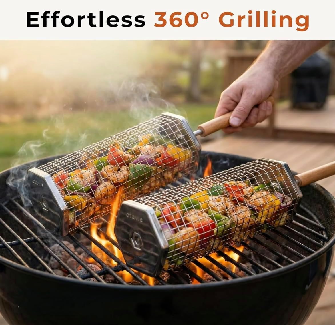 2 Pack Rolling Grill Basket – Stainless Steel Grilling Basket with Lid and Removable Wooden Handle – BBQ Accessories for Vegetables, Shrimp, Meat – Outdoor Cooking Gift for Dad or Husband – Otawe