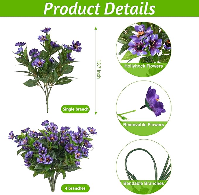 Fake Artificial Flowers for Outdoors Decoration,4 Bundles Silk Faux Spring Flowers with Plants Leaves UV Resistant for Planter Front Door Porch Yard Patio Window Box Home Indoor Decor