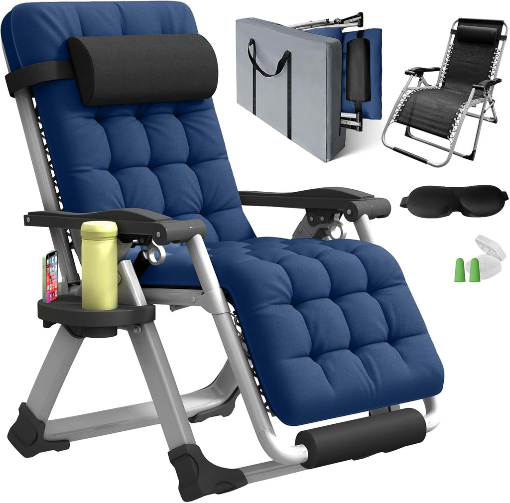Oversized Zero Gravity Chair with Storage Bag,29" XL Lounge Chair with Thickened Cushion & Headrest, Patio Lawn Chair with Footrest & Cup Holder for Indoor & Outdoor, Supports 450LBS, Blue