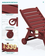 SERWALL Patio Chaise Lounge Chair Set of 2, 78'' Long 5-Positions Adjustable HDPE Outdoor Lounger for Pool, Poly Lounge Chair with Rolling Wheels & Cup Holder for Poolside, Deck, Dark Red