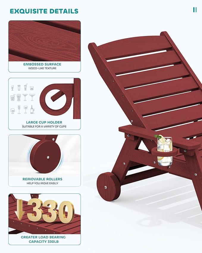 SERWALL Patio Chaise Lounge Chair Set of 2, 78'' Long 5-Positions Adjustable HDPE Outdoor Lounger for Pool, Poly Lounge Chair with Rolling Wheels & Cup Holder for Poolside, Deck, Dark Red