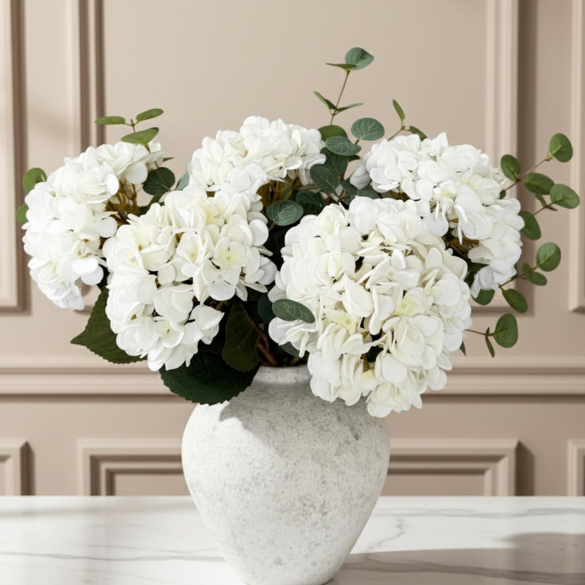 real touch white faux hydrangea and eucalyptus, floral, main product view