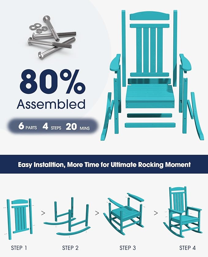 KINGYES Outdoor Rocking Chair Set of 2, High Density Polyethylene Patio Rocking Chairs with 330lbs Support for Adults, Aruba Blue