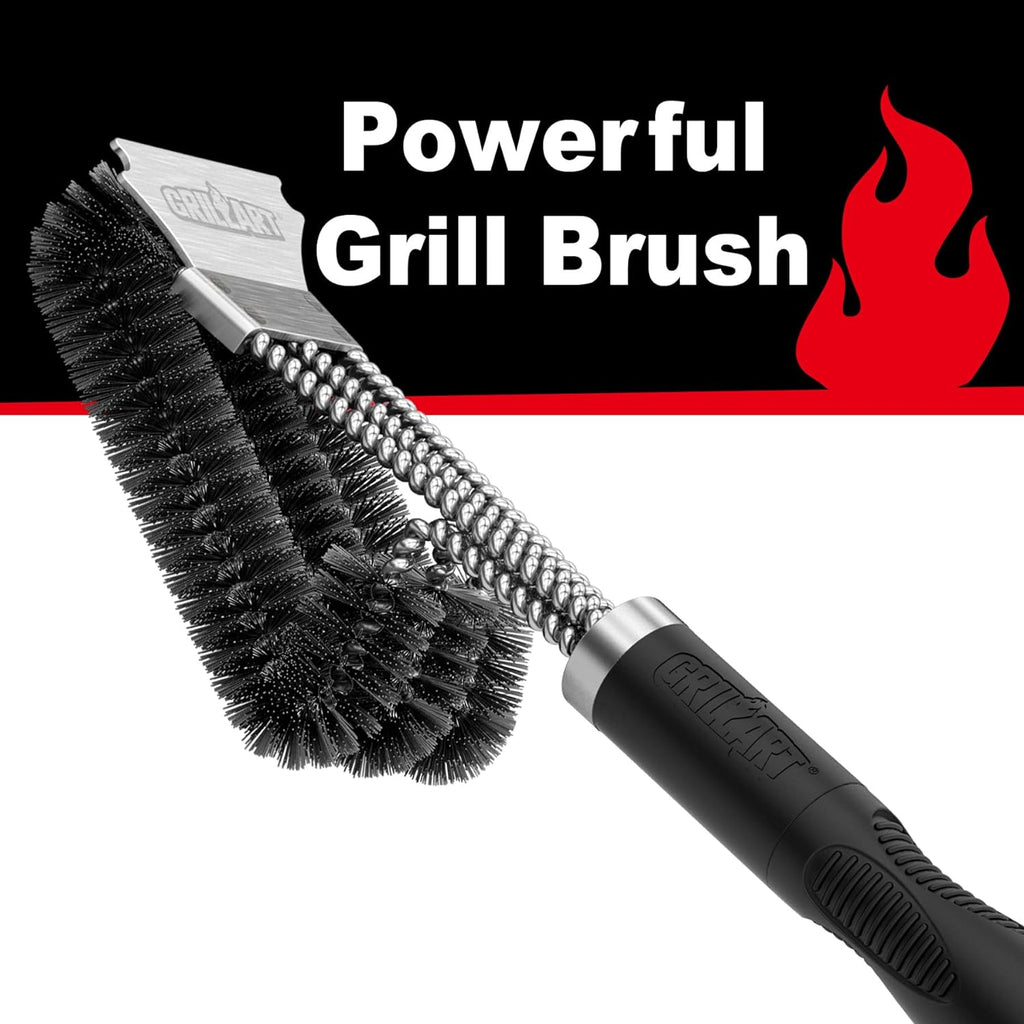 GRILLART Grill Brush, 18'' Extra-Strong Handle, BBQ Cleaner with Scraper | Remove Tough Grime, Triple Safe Wire Bristle Scrubbers, for Gas, Charcoal & Smoker, Steel Grates, 360°Wizard Cleaning