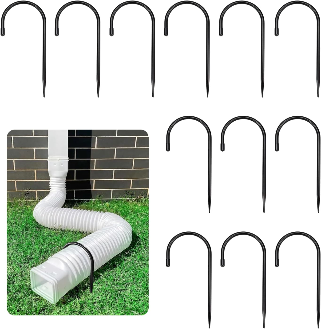 Rain Gutter Downspout Extension Fixing Pin - Holds Tight in Heavy Rain & Wind|Directs Water Away from Foundation|Durable Iron Construction, Easy No-Drill Installation 12 Pack, Black