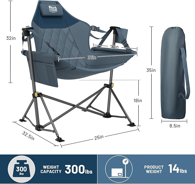TIMBER RIDGE Hammock Camping Chair with Adjustable Backrest, Heavy Duty Folding Hammock Chair Supports 300lbs, Portable Hammock Chair for Camping, Travelling and Patio, Blue 2 Pack