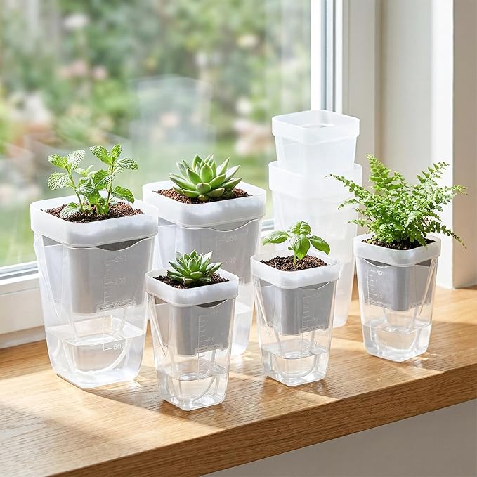 2.5 Inch Mini Self Watering Pots for Indoor Plants, 15 Pack Semi Hydroponic Pots, Small Clear Plastic Planters, Drainage Hole, Water Level Indicator, African Violets, Alocasia, Cutting, Seeding