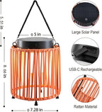 Outdoor Solar Lantern for Patio Waterproof, Rechargeable Table Lamp | Handwoven Wicker Lamp, IP54, 3000mAh, 30+ Hour Runtime, USB-C & Solar Charging for Patio or Indoor, Boho Orange