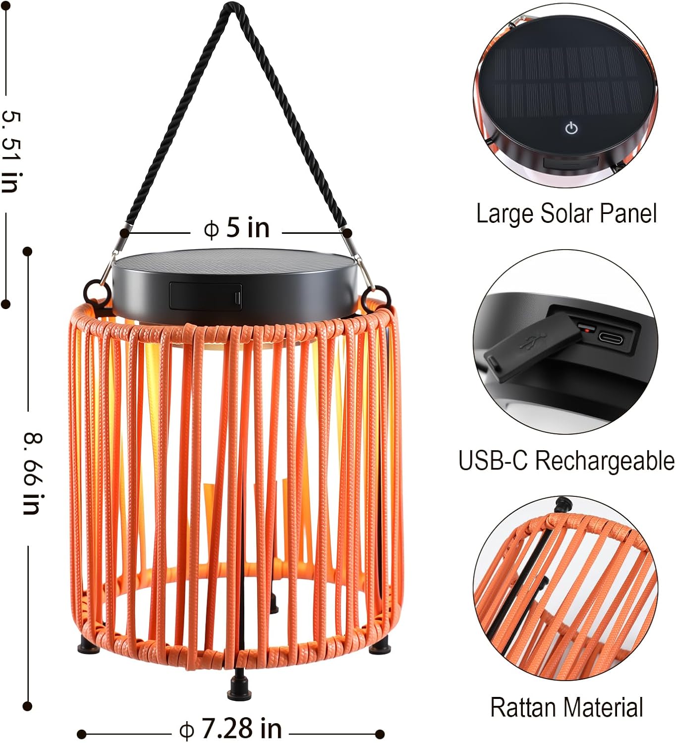 Outdoor Solar Lantern for Patio Waterproof, Rechargeable Table Lamp | Handwoven Wicker Lamp, IP54, 3000mAh, 30+ Hour Runtime, USB-C & Solar Charging for Patio or Indoor, Boho Orange
