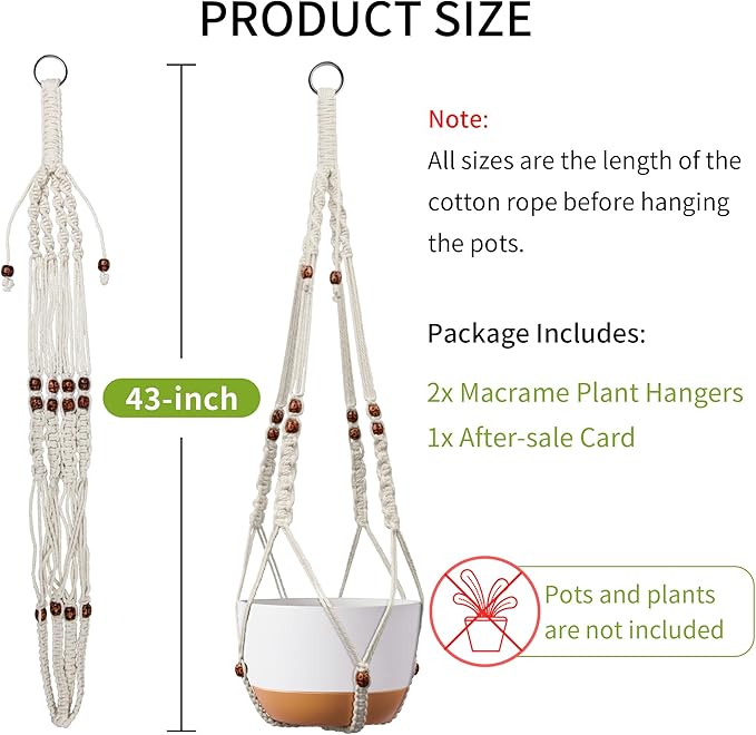 Macrame Plant Hanger - Fits 6 to 15 inches Pots for Indoor Outdoor, 43 Inch, Set of 2, Ivory (POTS NOT Included)