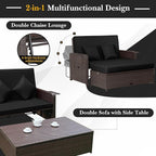 Tangkula Patio Rattan Daybed with 4-Level Adjustable Backrest, Outdoor PE Wicker Loveseat with Storage Ottoman & Folding Side Tray, Double Sunbed Lounger for Balcony, Backyard & Poolside, Black