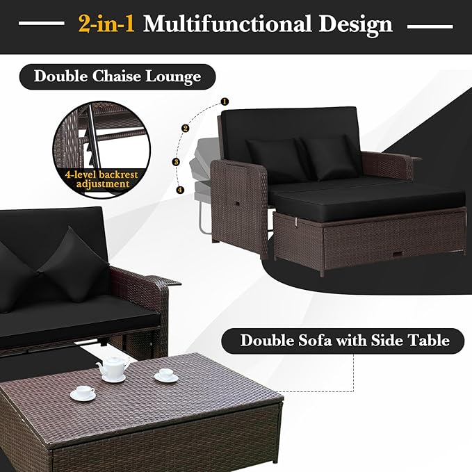 Tangkula Patio Rattan Daybed with 4-Level Adjustable Backrest, Outdoor PE Wicker Loveseat with Storage Ottoman & Folding Side Tray, Double Sunbed Lounger for Balcony, Backyard & Poolside, Black