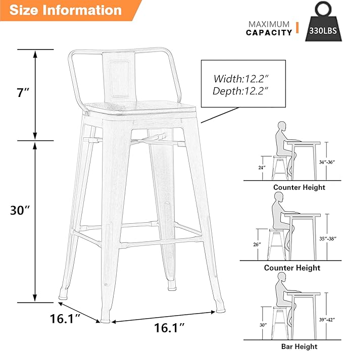 Yongchuang 30 inch Bar Stools Set of 4 Bar Height Metal Barstools with Wood Seat Low Back Kitchen Bar Chairs Matte Black