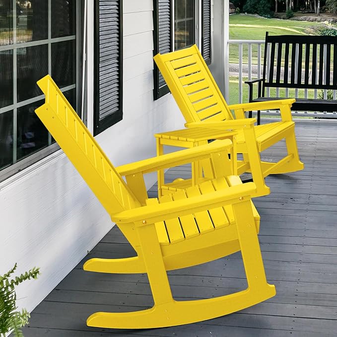 GREENVINES Outdoor Rocking Chair Set | 3-Piece | 2 Rocking Chairs with 1 Side Table | Porch Rocker | HDPE Plastic | Yellow | Patio Furniture Sets | High Back | Big & Tall | Ladder Back