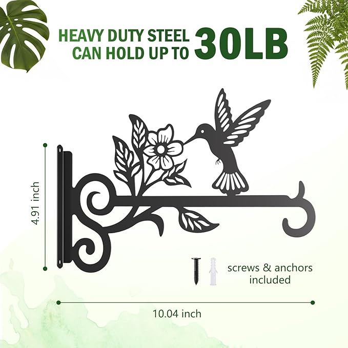 2-Pack Aesthetic Plant Hangers Outdoor – 10 Inch Metal Hanging Plant Bracket with Beautiful Hummingbird Pattern – Anti Rust Plant Hooks for Hanging Plants, Bird Feeder, Windchime, Lantern