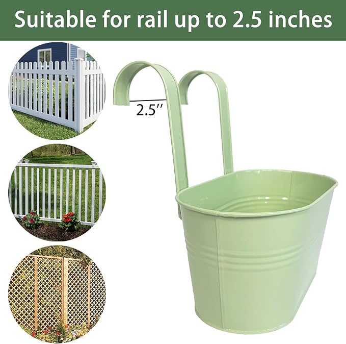 Balcony Hanging Planters Flower Pots, 10" Metal Flower Pots for Outdoor Balcony Rails, Fence Pot Hanging Plant Holders with Detachable Hooks for Garden Patio Yard Decor (Mint Green, 8Pcs)