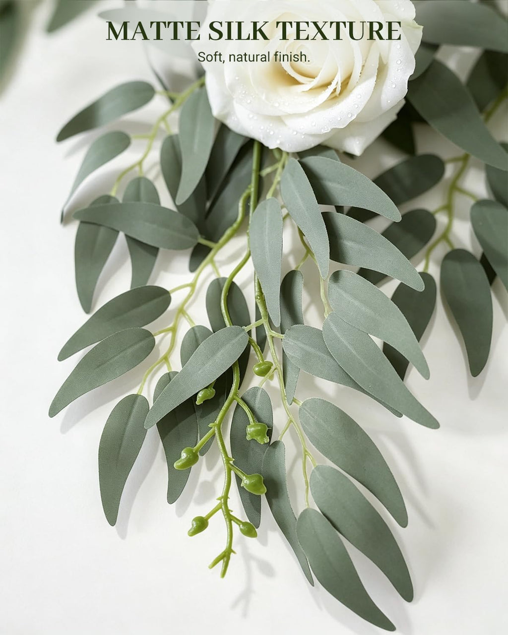 artificial italian ruscus greenery 21" long stems, gray, close-up detail