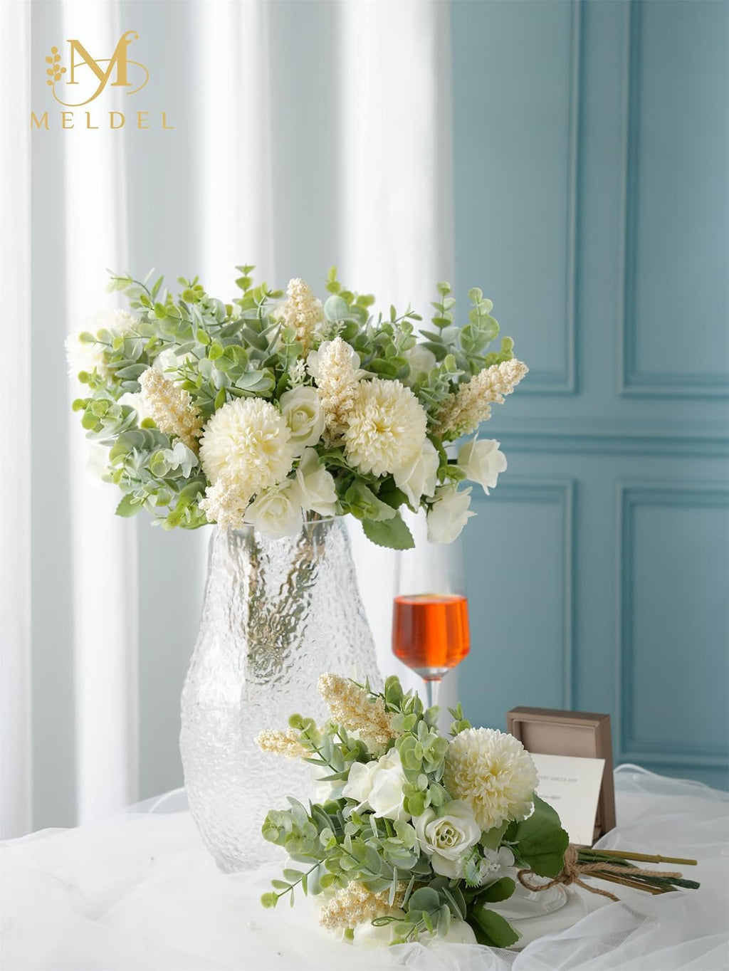 rose bouquet artificial fake flowers eucalyptus plants silk, close-up detail