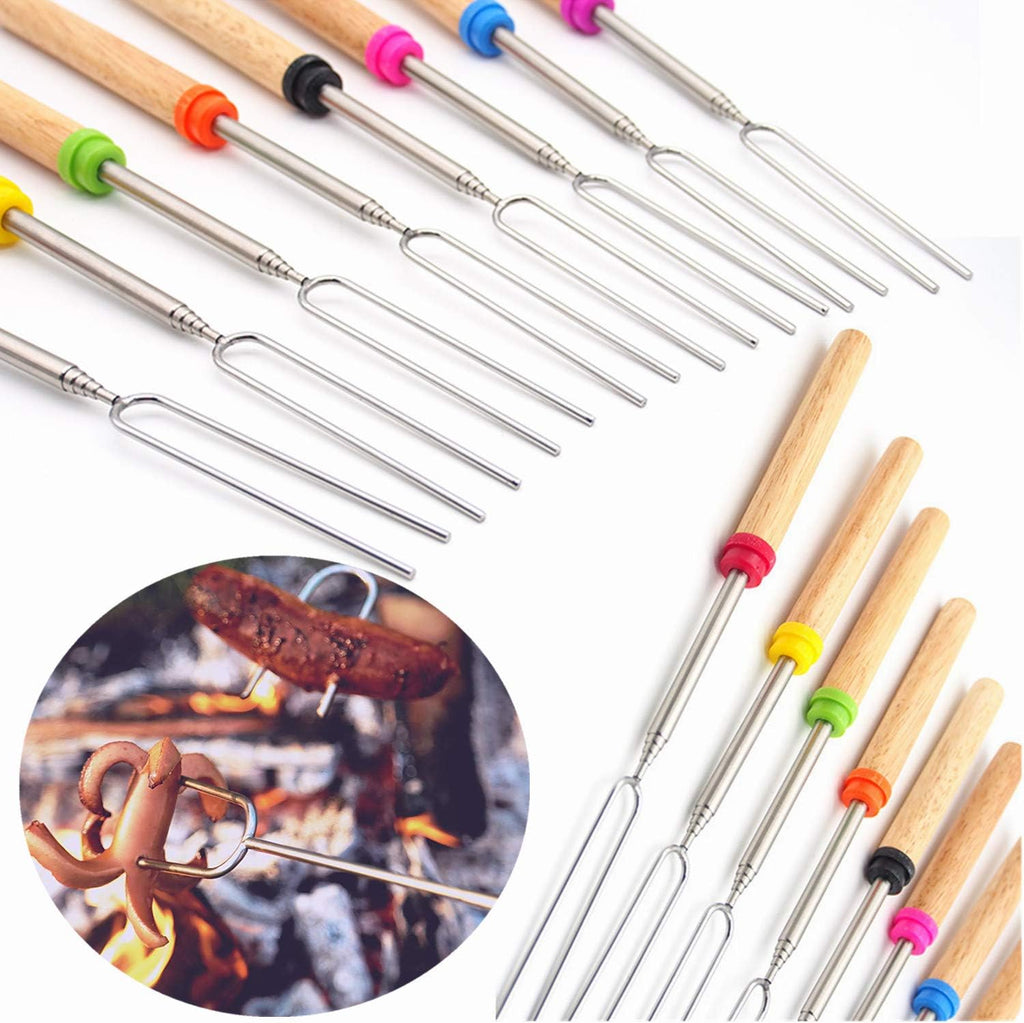 12 Marshmallow Roasting Sticks for Fire Pit - Extendable Smores Skewers | Wooden handle 32 inch telescoping forks with carry bag, perfect for hot dogs, campfire, BBQ, camping & backyard gatherings.