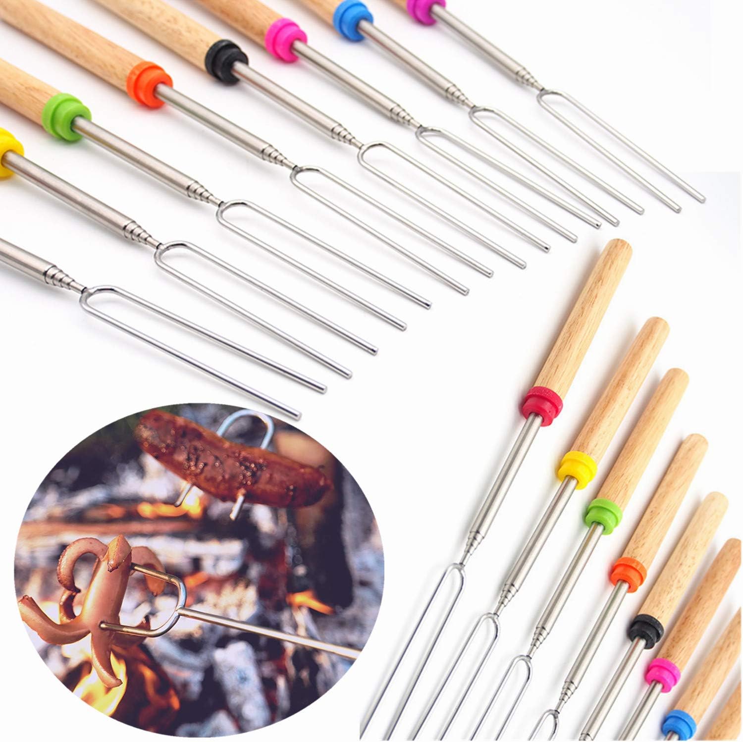 12 Marshmallow Roasting Sticks for Fire Pit - Extendable Smores Skewers | Wooden handle 32 inch telescoping forks with carry bag, perfect for hot dogs, campfire, BBQ, camping & backyard gatherings.