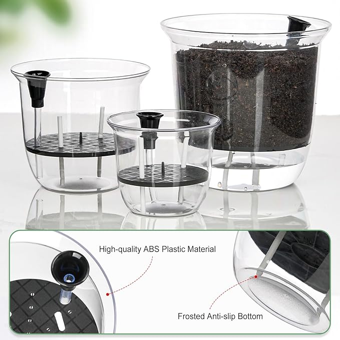 Self Watering Pots, 3 Pack 4 Inch Clear Plant Pot Self Watering Planter Flowers Pot with Deep Reservoir for Indoor Plants (3 Small)