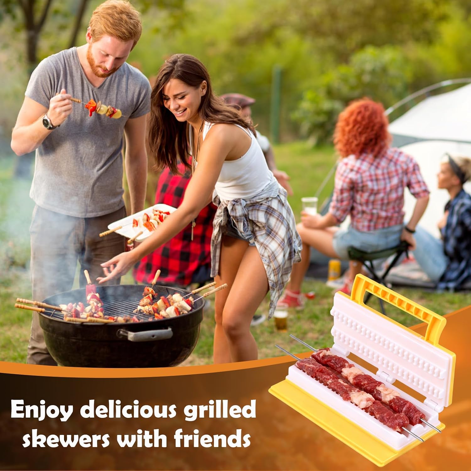 Double-Row Kebab Maker, ABS Meat Skewering Tool, Yellow | Single press double skewers with ergonomic handle for meat, vegetables, shrimp, backyard, balcony, and camping prep