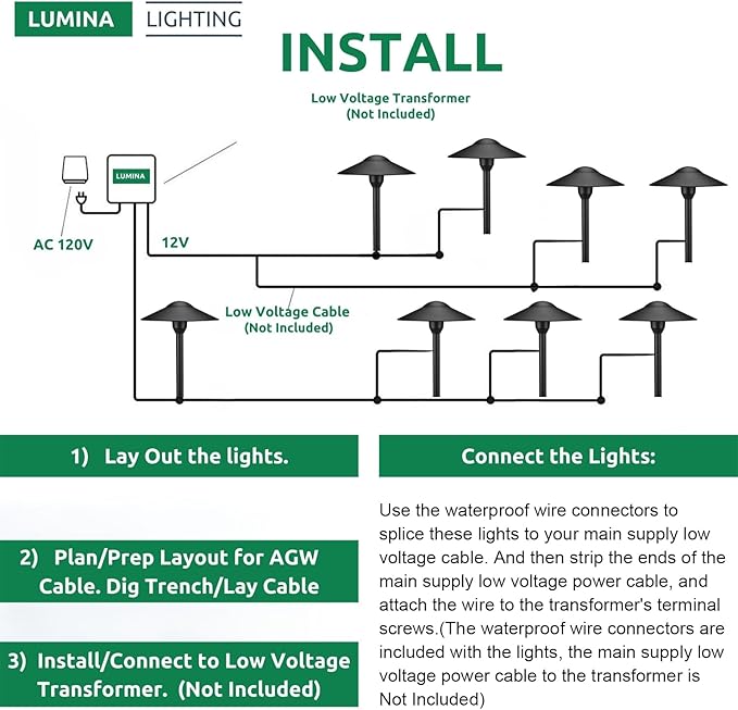 Lumina Lighting® 3W Landscape Lighting 12V Landscape Lights Low Voltage Landscape Path Lights Warm White Waterproof Outdoor Replaceable G4 LED Bulb for Garden Pathway Lawn Yard (Black, 8-Pack)
