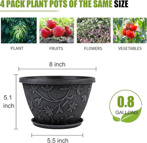 4 Pack 8 Inch Flower Pots for Outdoor Indoor, Plastic Plant Pots with Drainage Hole & Saucer, Lightweight Small Resin Flower Pot, Imitation Magnolia Pots for Garden House planters（Gray）
