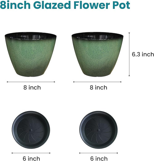 2 Pack Plant Pots for Indoor Outdoor Plants, 8 inch Plastic Flower Pots, Glazed Planter for Aloe, Herbs, Cactus (Green, 2pcs)