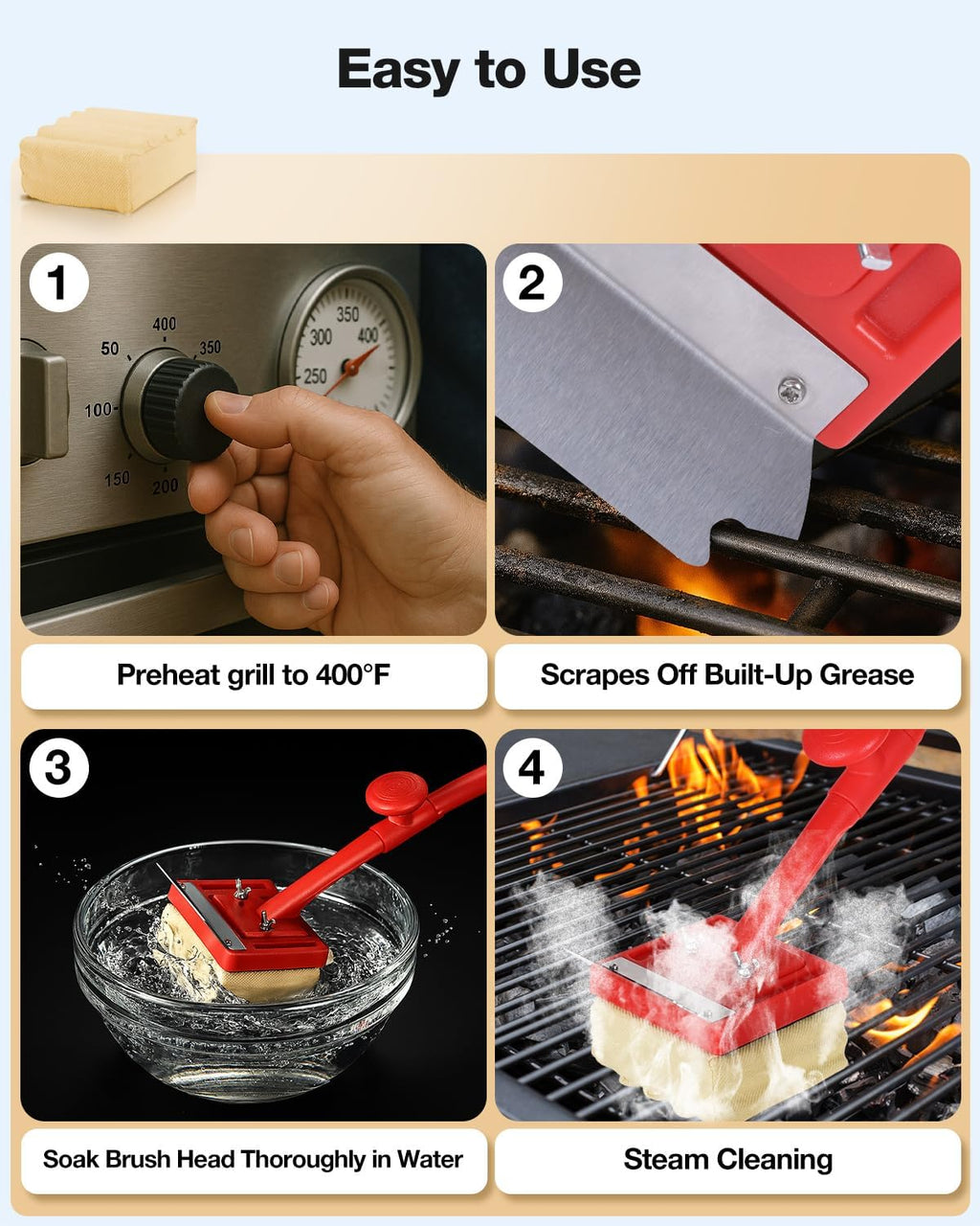 Grill Brush Bristle Free, Safe Non Metal Wire with Scraper 5 Replacement Heads, Steam Grilling Grate Cleaning Tool, Wireless Bbq Cleaner Accessory Kit Set, Outdoor Cast Iron Barbecue/Barbeque Scrubber
