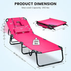 GYMAX Tanning Chair, 350lbs Beach Lounge Chair with Face Hole, Detachable Washable Pillow & Carry Strap, Adjustable Folding Chaise Lounge, Layout Chair for Outside, Patio, Poolside, Lawn (2, Pink)