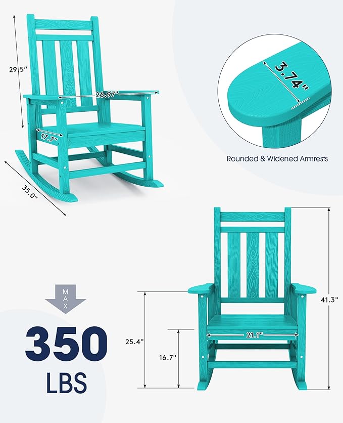 KINGYES Oversized Outdoor Rocking Chair Set of 2, All-Weather Patio Rocking Chairs for Porch, HDPE Outdoor Patio Rockers with High Back & Wide Seat for Garden, Lawn, Aruba
