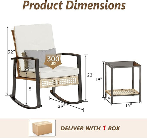 3 Piece Patio Rocking Chairs Set of 2, Outdoor Rocking Chair Bistro Set with Tempered Glass Coffee Table and Thick Lumbar Pillow Set, Front Porch Chairs for Garden, Backyard (Basic)
